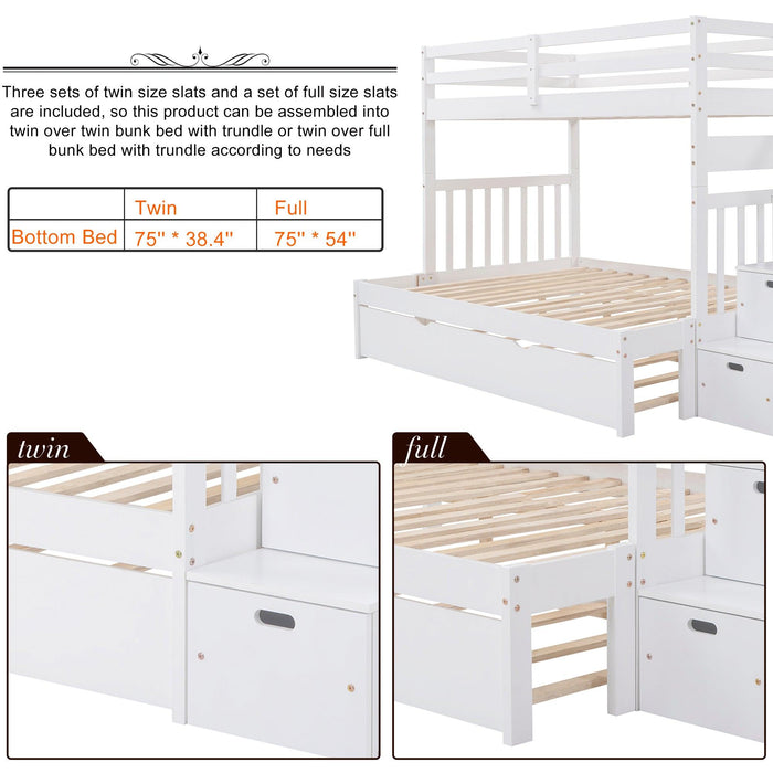 Twin over Twin or Twin over Full Convertible Bunk Bed withStorage Drawers and Twin Size Trundle Bed - White