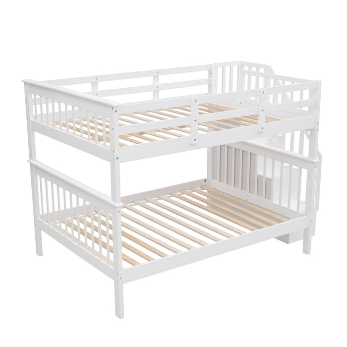 Full over Full Bunk Bed withStorage Staircase and Guard Rail - White