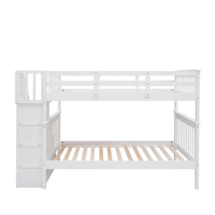 Full over Full Bunk Bed withStorage Staircase and Guard Rail - White