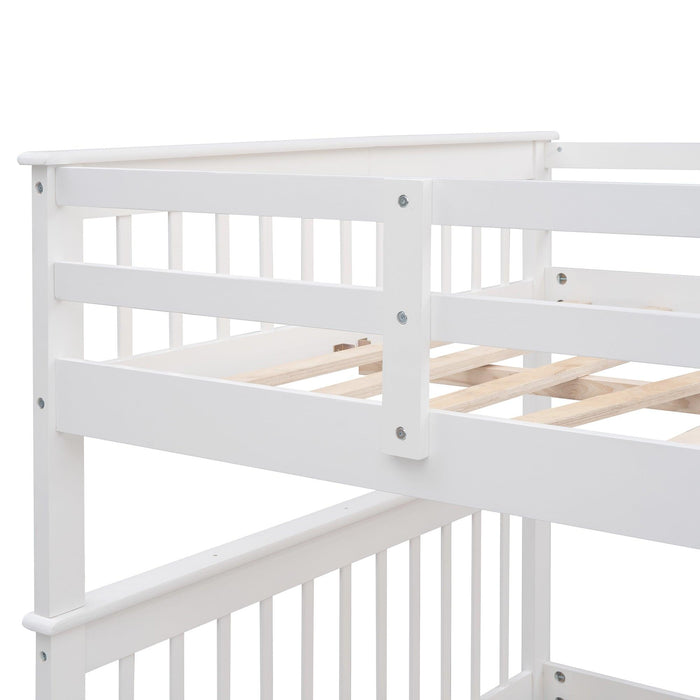 Full over Full Bunk Bed withStorage Staircase and Guard Rail - White