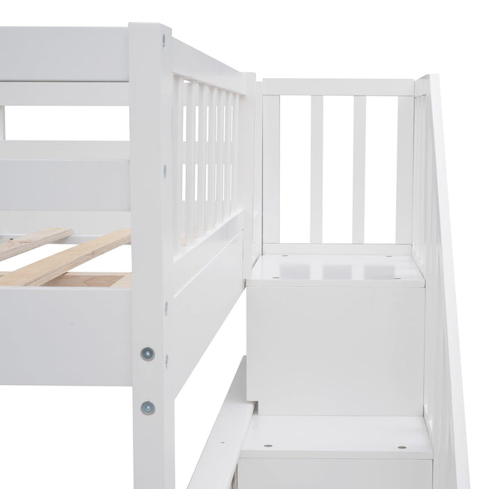 Full over Full Bunk Bed withStorage Staircase and Guard Rail - White