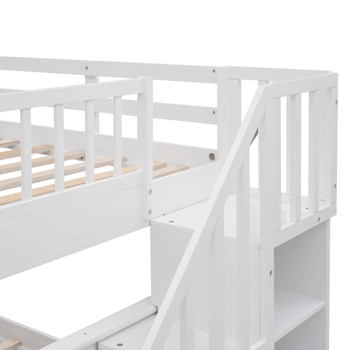 Full over Full Bunk Bed withStorage Staircase and Guard Rail - White