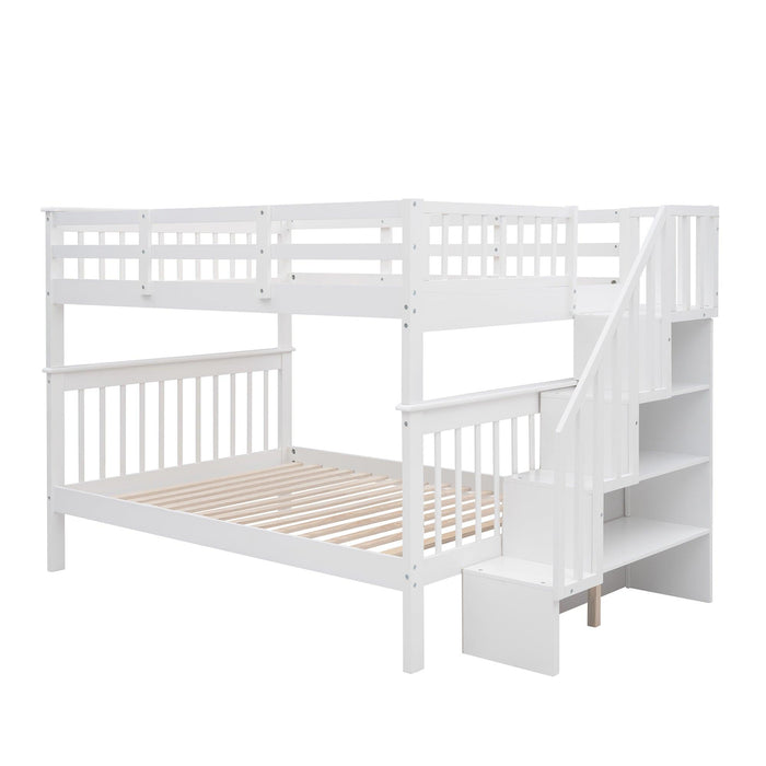 Full over Full Bunk Bed withStorage Staircase and Guard Rail - White