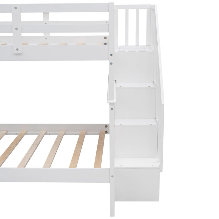 Full over Full Bunk Bed withStorage Staircase and Guard Rail - White