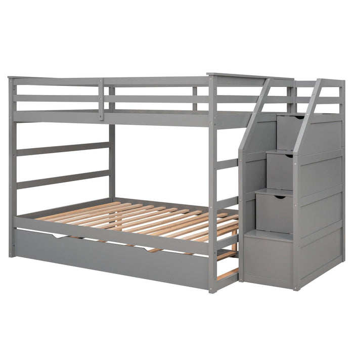 Full over Full Bunk Bed withStorage Staircase and Twin Size Trundle Bed - Gray