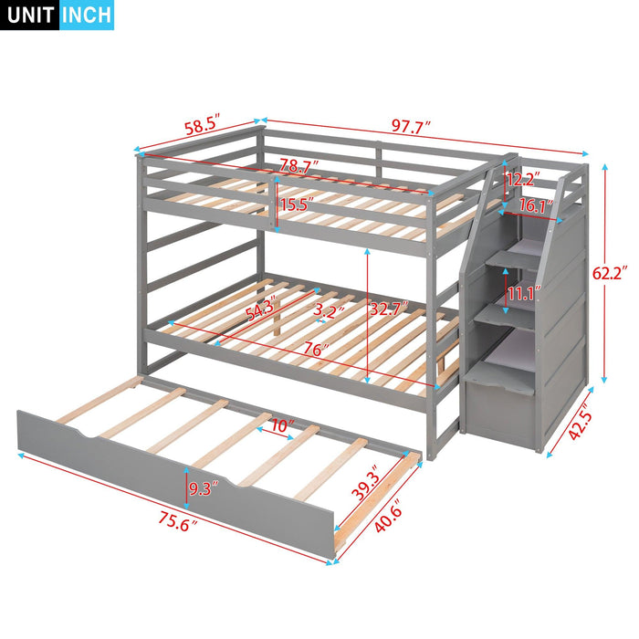 Full over Full Bunk Bed withStorage Staircase and Twin Size Trundle Bed - Gray