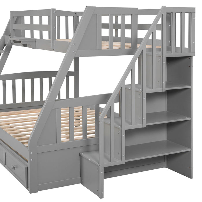 Twin over Full Bunk Bed with Drawers, Ladder andStorage Staircase - Gray