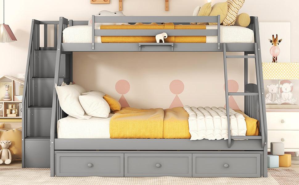 Twin over Full Bunk Bed with Drawers, Ladder andStorage Staircase - Gray