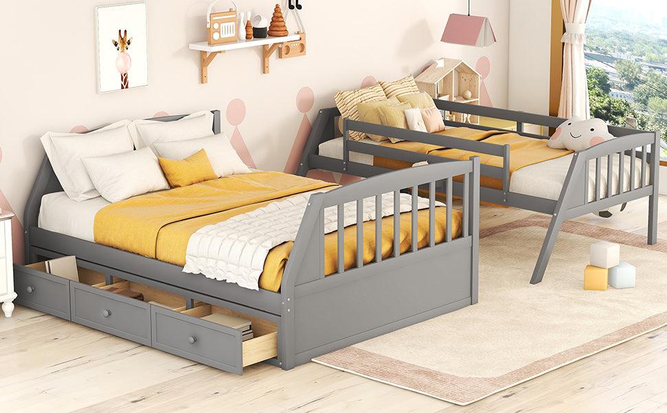 Twin over Full Bunk Bed with Drawers, Ladder andStorage Staircase - Gray