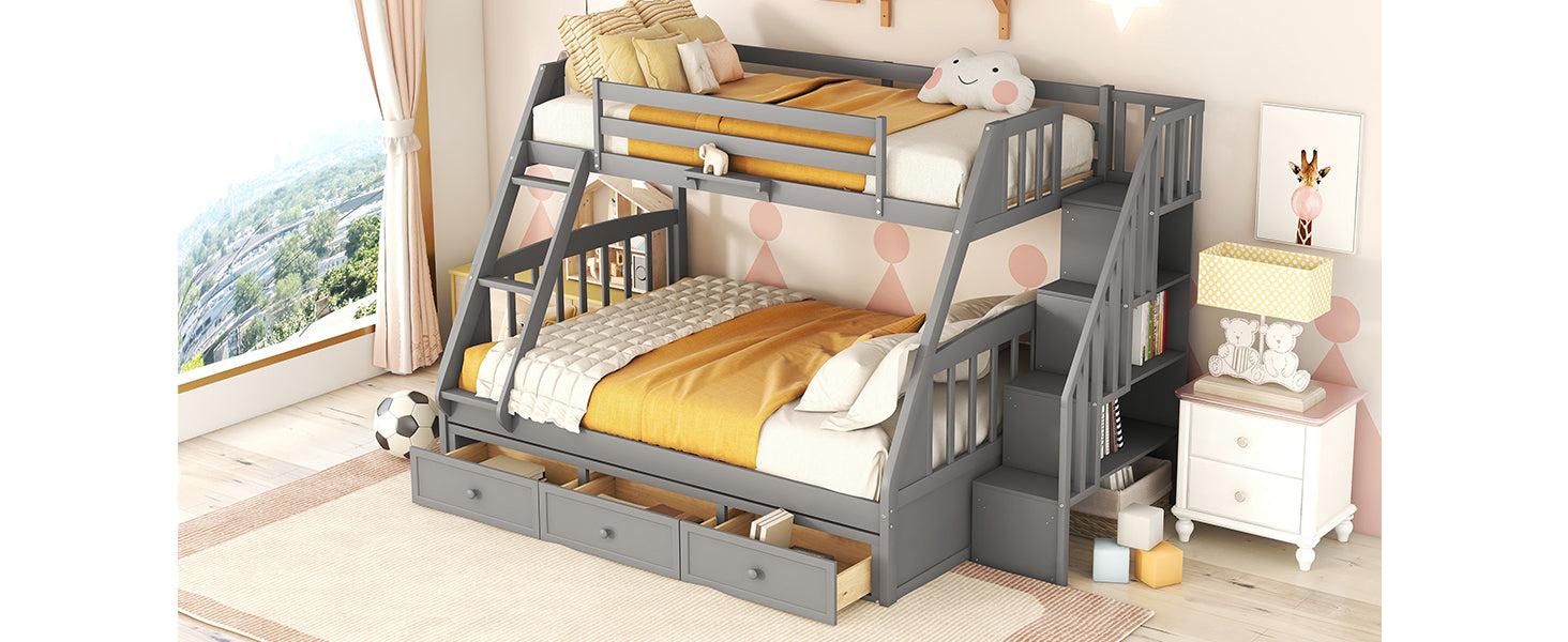 Twin over Full Bunk Bed with Drawers, Ladder andStorage Staircase - Gray