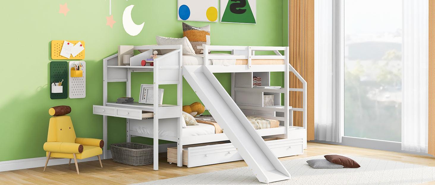 Twin over Twin Bunk Bed withStorage Staircase, Slide, Drawers and Desk with Drawers and Shelves - White