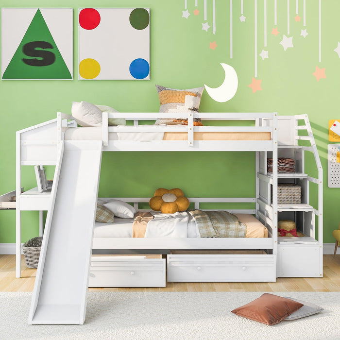 Twin over Twin Bunk Bed withStorage Staircase, Slide, Drawers and Desk with Drawers and Shelves - White