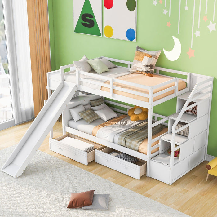 Twin over Twin Bunk Bed withStorage Staircase, Slide, Drawers and Desk with Drawers and Shelves - White