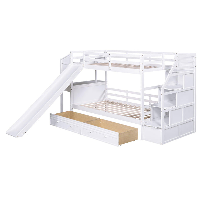 Twin over Twin Bunk Bed withStorage Staircase, Slide, Drawers and Desk with Drawers and Shelves - White