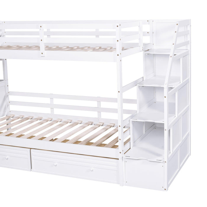 Twin over Twin Bunk Bed withStorage Staircase, Slide, Drawers and Desk with Drawers and Shelves - White