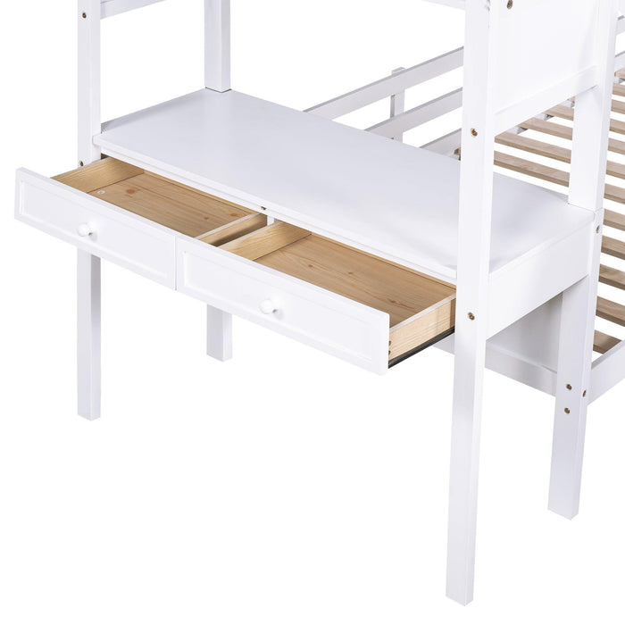 Twin over Twin Bunk Bed withStorage Staircase, Slide, Drawers and Desk with Drawers and Shelves - White