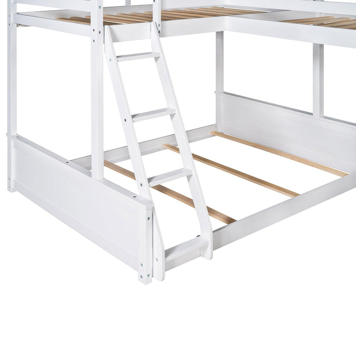 Twin over Full Bunk Bed and Twin Size Loft Bed with Desk, Slide and Guardrail - White