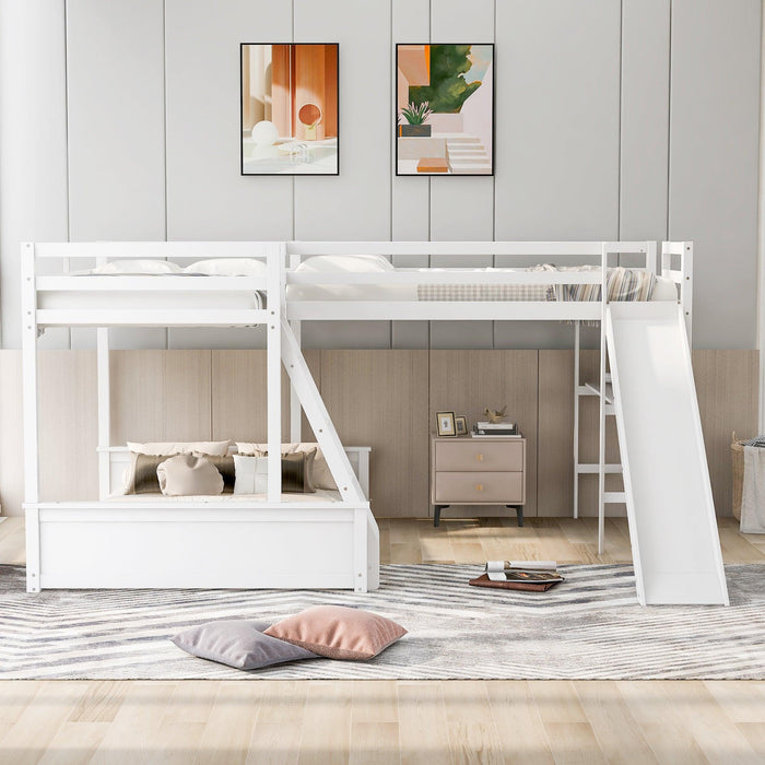 Twin over Full Bunk Bed and Twin Size Loft Bed with Desk, Slide and Guardrail - White