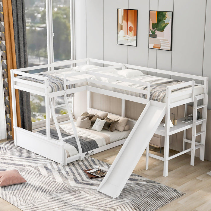 Twin over Full Bunk Bed and Twin Size Loft Bed with Desk, Slide and Guardrail - White