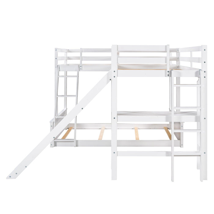 Twin over Full Bunk Bed and Twin Size Loft Bed with Desk, Slide and Guardrail - White