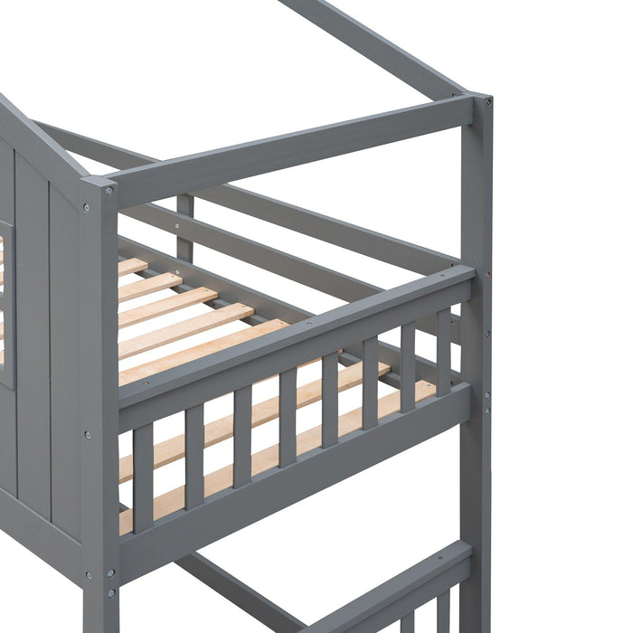 Twin Over Twin House Shaped Bunk Bed With Ladder - Gray