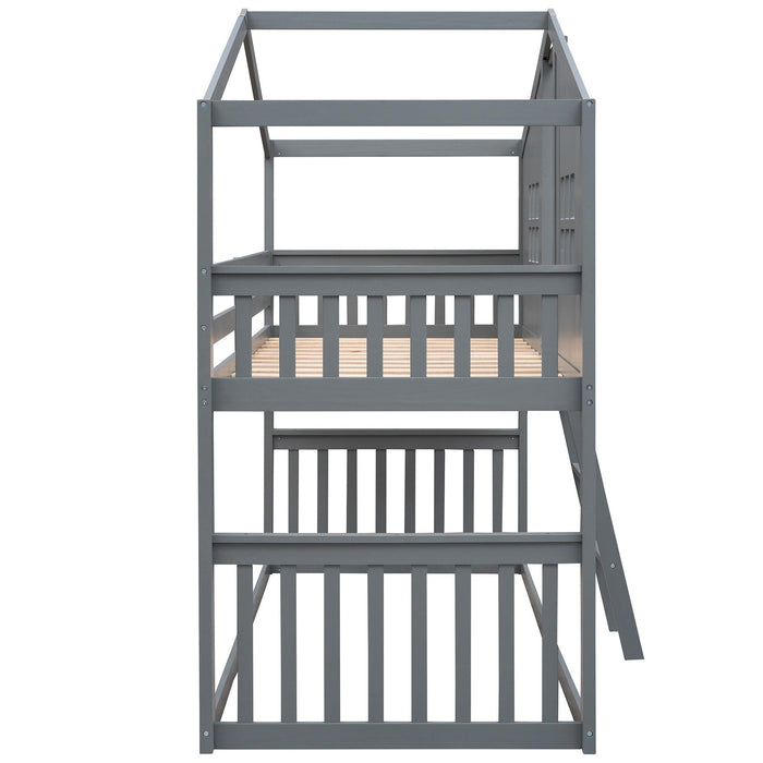 Twin Over Twin House Shaped Bunk Bed With Ladder - Gray