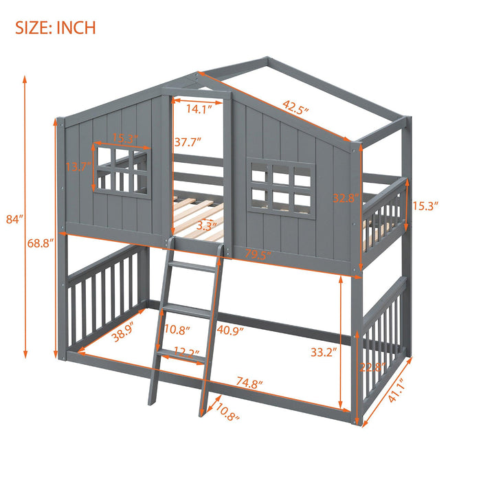 Twin Over Twin House Shaped Bunk Bed With Ladder - Gray