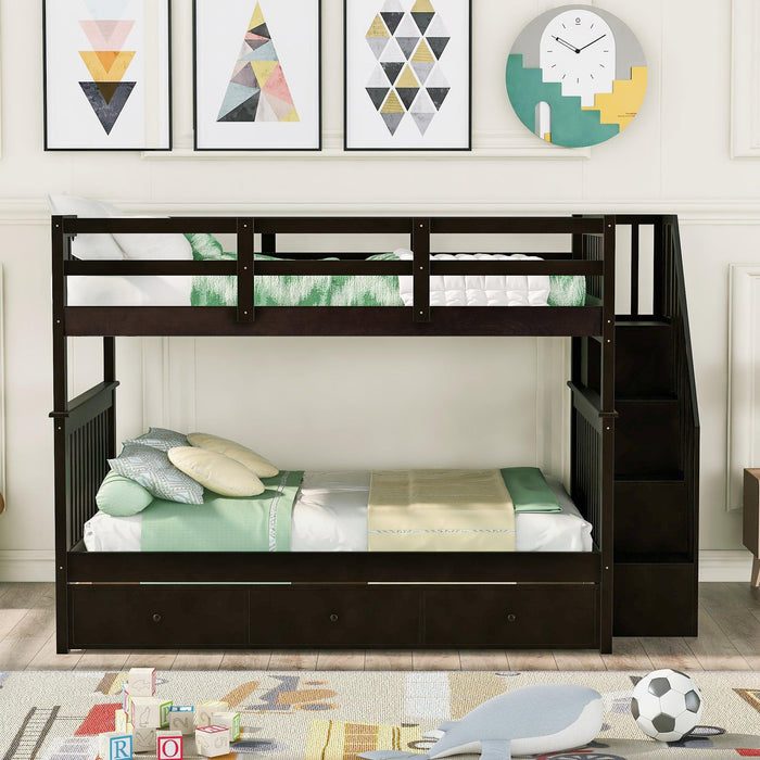 Full over Full Bunk Bed with Drawer,Storage Staircase and Guard Rail - Espresso