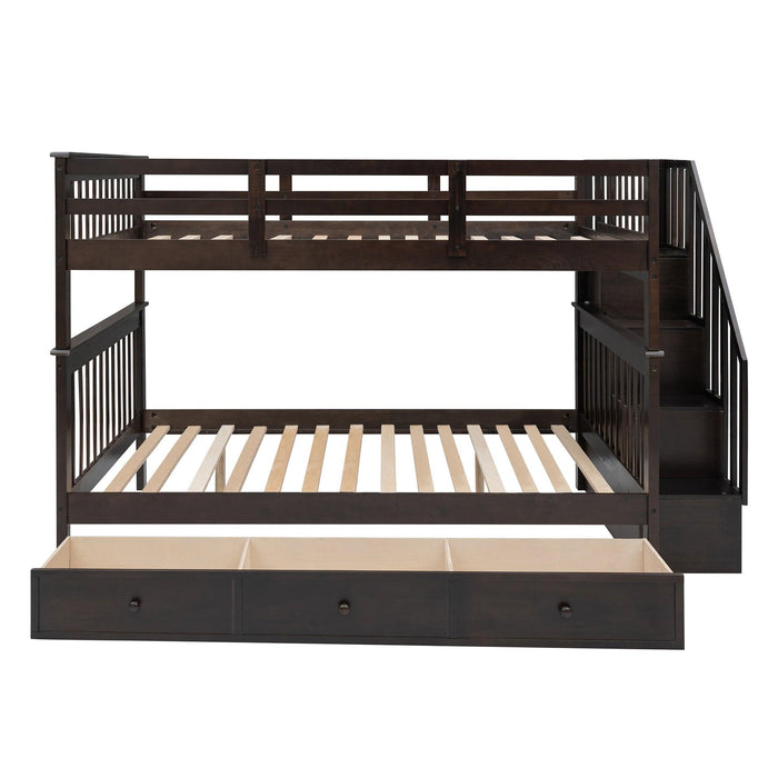 Full over Full Bunk Bed with Drawer,Storage Staircase and Guard Rail - Espresso