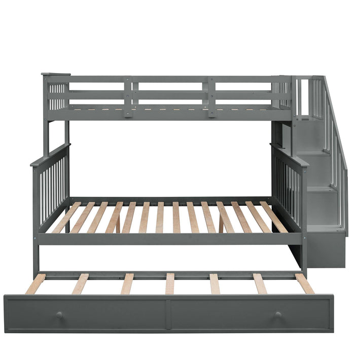 Twin over Full Bunk Bed with Twin size Trundle,Storage Staircase and Guard Rail - Gray