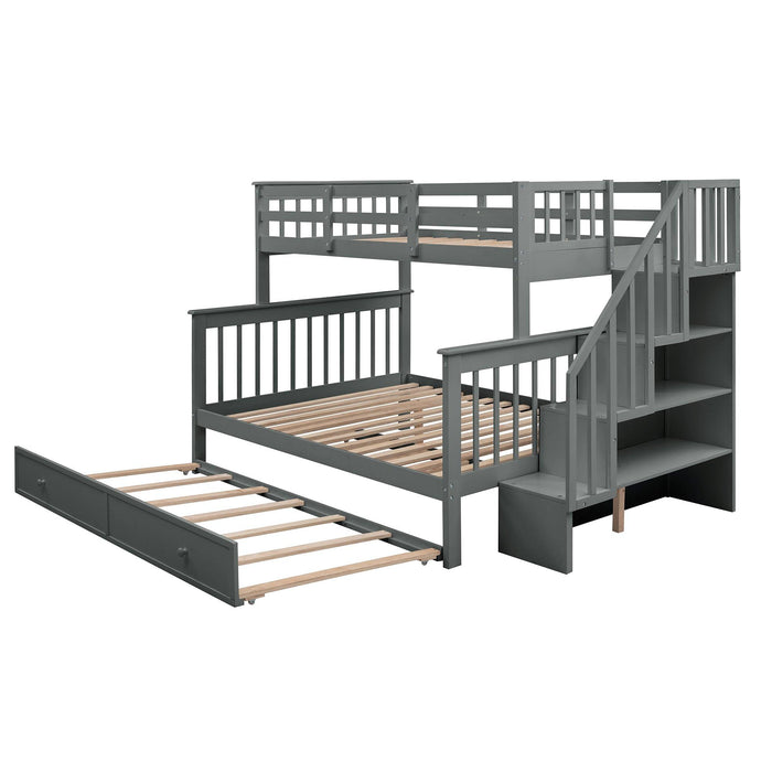 Twin over Full Bunk Bed with Twin size Trundle,Storage Staircase and Guard Rail - Gray