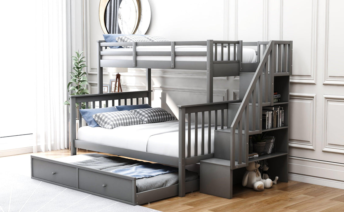 Twin over Full Bunk Bed with Twin size Trundle,Storage Staircase and Guard Rail - Gray