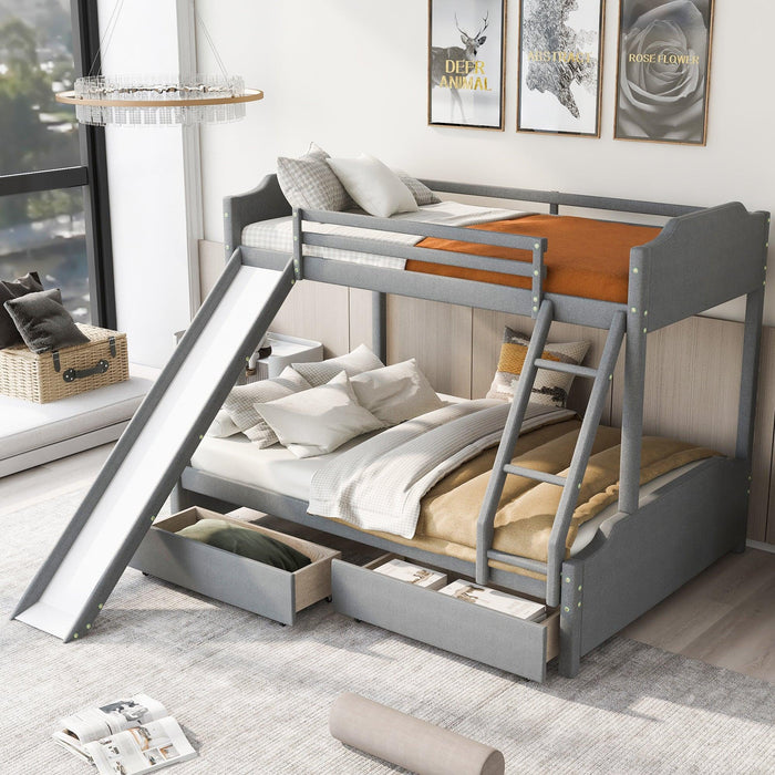 Twin over Full Bunk Bed with Two Drawers, Slide, Headboard and Footboard - Grey