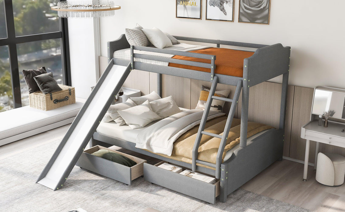 Twin over Full Bunk Bed with Two Drawers, Slide, Headboard and Footboard - Grey