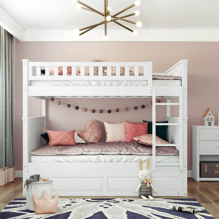 Full over Full Bunk Bed with Twin Size Trundle and Guardrails - White