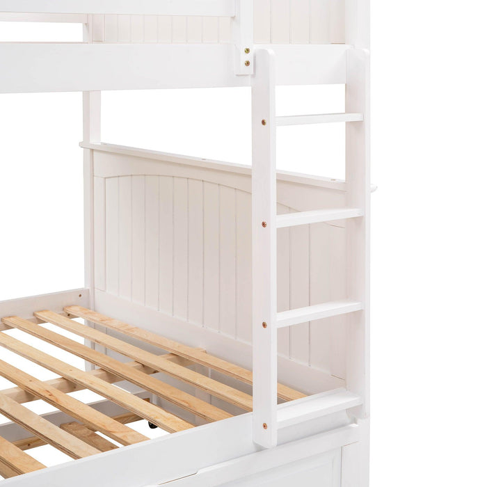 Full over Full Bunk Bed with Twin Size Trundle and Guardrails - White