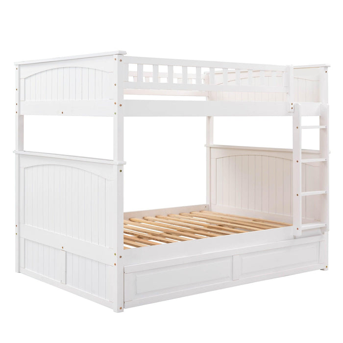 Full over Full Bunk Bed with Twin Size Trundle and Guardrails - White