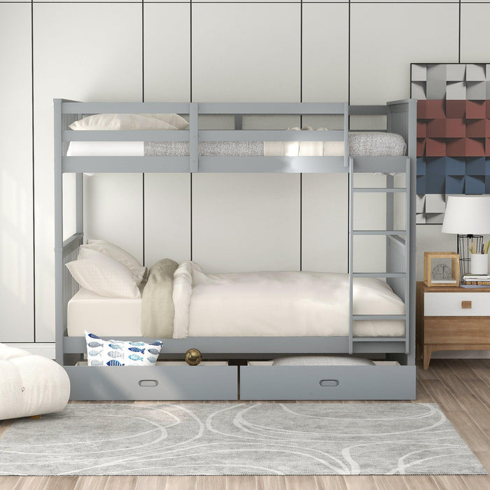 Twin over Twin Bunk Bed with Ladders and TwoStorage Drawers - Gray