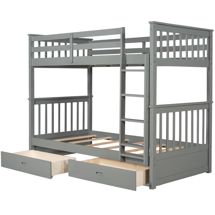 Twin over Twin Bunk Bed with Ladders and TwoStorage Drawers - Gray