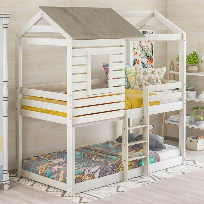 Twin Over Twin House Shaped Bunk Bed with Guardrail and Ladder - Antique White