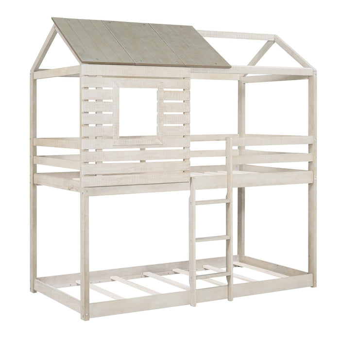 Twin Over Twin House Shaped Bunk Bed with Guardrail and Ladder - Antique White