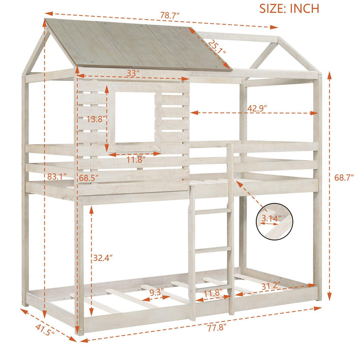 Twin Over Twin House Shaped Bunk Bed with Guardrail and Ladder - Antique White