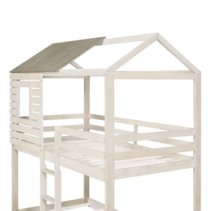 Twin Over Twin House Shaped Bunk Bed with Guardrail and Ladder - Antique White