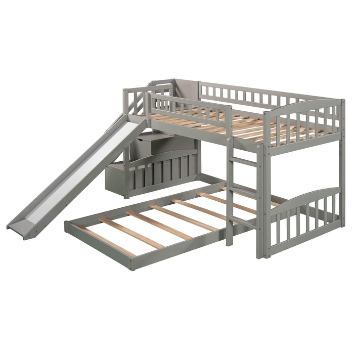 Twin over Twin Bunk Bed with Two Stairway Drawers and Slide - Gray