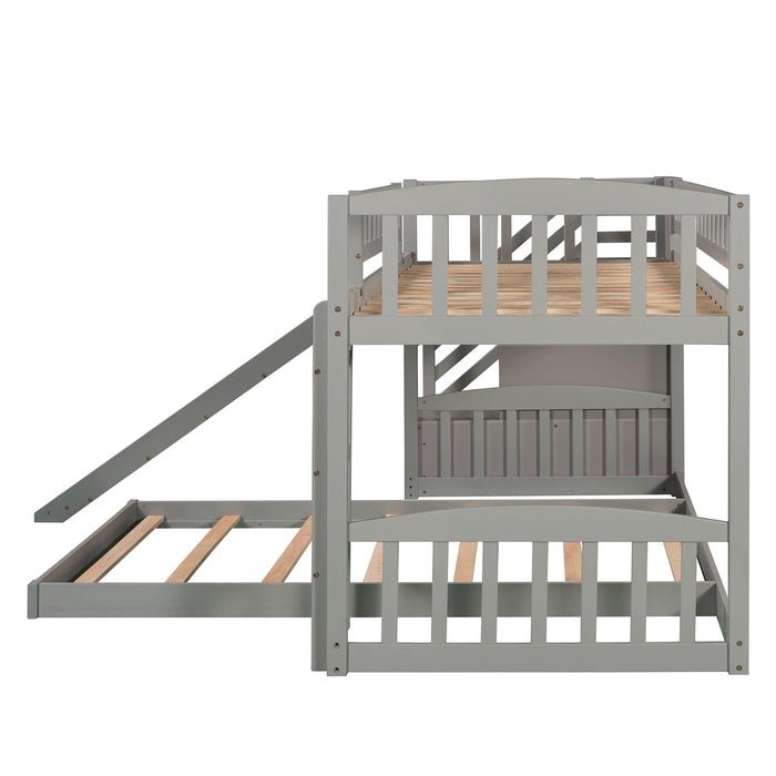 Twin over Twin Bunk Bed with Two Stairway Drawers and Slide - Gray