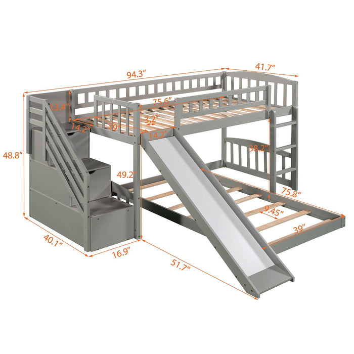 Twin over Twin Bunk Bed with Two Stairway Drawers and Slide - Gray