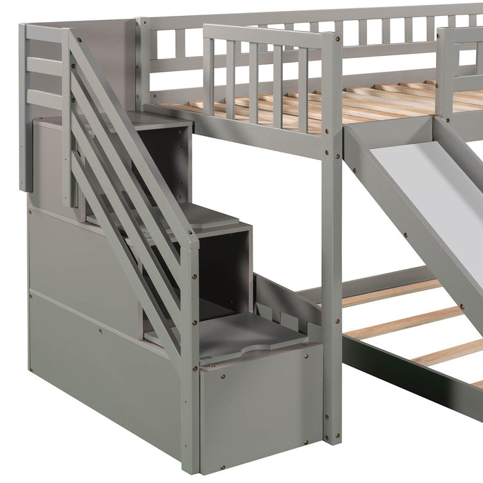 Twin over Twin Bunk Bed with Two Stairway Drawers and Slide - Gray