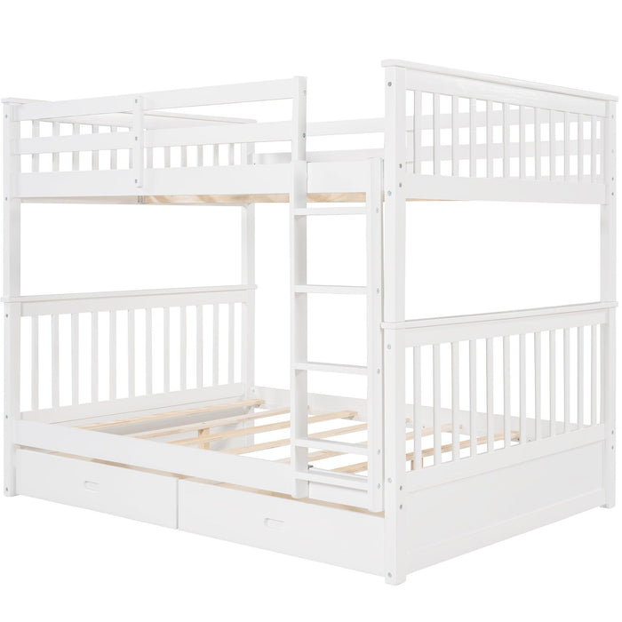 Full over Full Bunk Bed with Ladders and TwoStorage Drawers - White