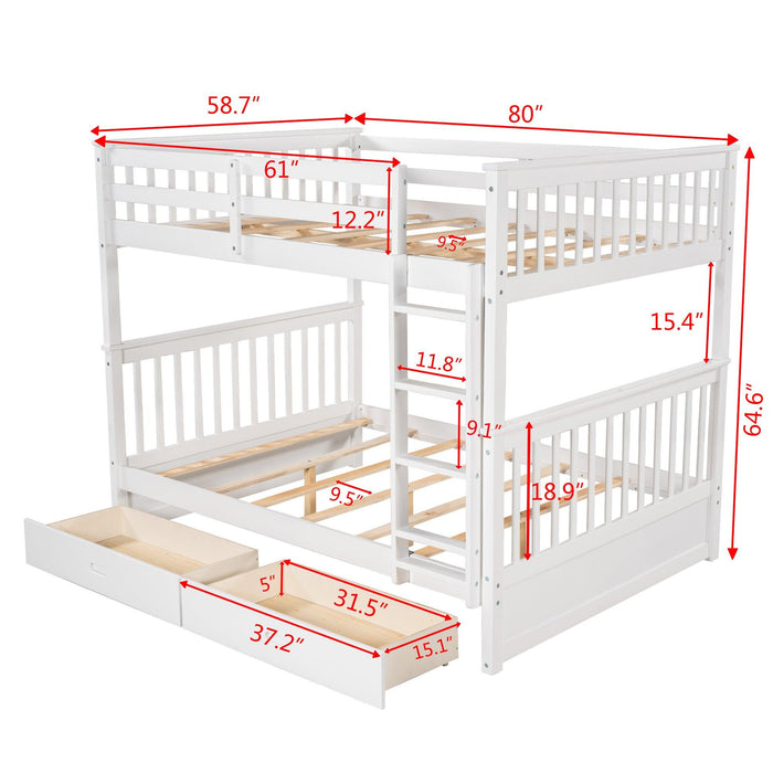 Full over Full Bunk Bed with Ladders and TwoStorage Drawers - White