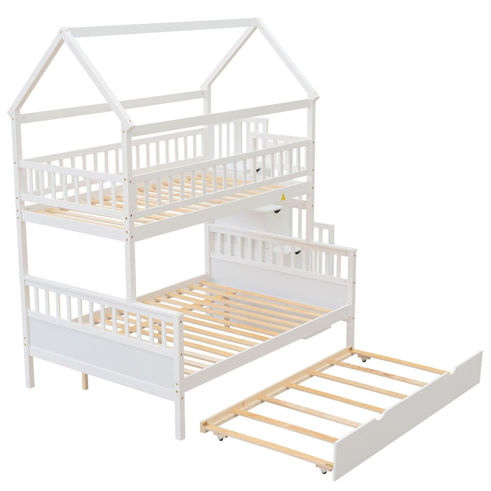 Twin over Full House Shaped Bunk Bed withStorage Staircase, Guardrail and Twin Size Trundle - White